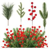 Jexine 100 Pcs Christmas Artificial Pine Needles Branches and Red Berry Stems Fake Greenery Pine Picks Christmas Red Berry Picks Holly Berries Xmas Fake Tree Branches for DIY Garland Wreath - Retail: 