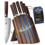 SYOKAMI Knife Set 7 Piece Japanese Style Kitchen Knife Set With Foldable Magnetic Acacia Wood Block Sharp High Carbon Stainless Steel Knives Set for Kitchen with Anti-slip Handle, Valentines Gift - Re