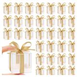 Hxezoc 50 Pack Favor Boxes 2x2x2 Inches Clear Candy Treat Boxes with Gold Ribbons, Mini Plastic Gift Boxes for Wedding, Birthday Party, Baby Shower, Classroom Decoration Supplies