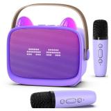 Mgaolo Upgraded Mini Karaoke Machine Toy for Kids, Portable Bluetooth Speaker with 2 Wireless Mics, Emoji & Colorful LED Lights, Home Travel & Party Play Gifts for Boys Girls (Purple) (Charging Cord N
