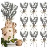 BASEMMAHER 9 Pcs Berry Stems Floral Pine Cones Christmas Artificial Pine Branches Evergreen Berries Holly Stem Flowers Picks Holly Stem for Xmas Wreath Winter Holiday DIY Garland Decoration (White)
