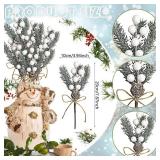 BASEMMAHER 9 Pcs Berry Stems Floral Pine Cones Christmas Artificial Pine Branches Evergreen Berries Holly Stem Flowers Picks Holly Stem for Xmas Wreath Winter Holiday DIY Garland Decoration (White)