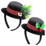WILLBOND Christmas Snowman Headbands Mini Top Hat Headband 2 Pieces Christmas Black Top Hat Mistletoe Costume with Plaid Band Holly and Berries for Holiday Craft - Retail: $16