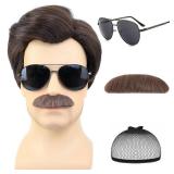 AMZCOS Short Brown Men Wig with Msutache and Sunglasses for 70s 80s Costume Cosplay Halloween Party - Retail: $24