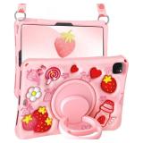 Boaretiu for Air 11 Inch Case M3 2025 & M2 2024/for Air 5th/4th Generation Case 2022/2020 10.9 Inch - Soft Silicone Cute Shoulder Strap & Rotating Stand Kawaii for Women Girls Strawberry - Retail: $24
