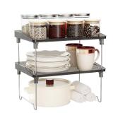 STARLATTA 2 Pcs Cabinet Organizer Shelf Stackable Kitchen Counter Shelves, Spice Rack,Countertop Organizers Black Plastic Storage Shelves Rack for Makeup Bathroom, Cupboard Desk Pantry Organization - 