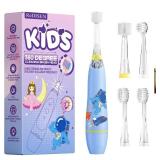 ReDISEN 360 Degree Childrens Electric Toothbrush with Fun LED Lights, Built-in 2-Minute Timer, Extra Soft Bristles & Ergonomic Handle - Ideal for Ages 1-12, 4 Replacement Brush Heads Blue
