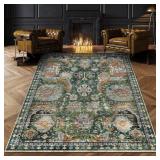RUGSURE Washable Area Rugs - Perfect for Living Room, Bedroom, Kids Room, Nursery - Stain & Water Resistant Non-Slip, Pet & Child Friendly, Vintage Tribal Area Rugs (Green, 3