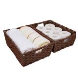 Onlytak Large Wicker Storage Basket, Metal Frame, Set of 2, Washable Waterproof, 15" x 10.3" x 5.2", Brown Color, Woven Basket for Pantry, Toilet, Bathroom, Bedroom, Patio - Retail: $31