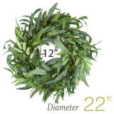 Olive Wreath for Front Door 22 inch, Greenery All Season Wreath with Olive Leaf Fruit, Home Decoration for Outdoor Living Room Indoor Wall and Outside Summer All Season Wedding - Retail: $28