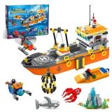 AKWME City Ocean Explorer Ship Building Set, Exploration Boat Set Toy Building Block with LED Lights, Helicopter, Submarine and Shark Cage, Birthday Gifts for 6 8 10 12 Years Old Boys Kids Girls - Ret