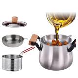 Small Deep Fryer Pot with Strainer & Basket, Stainless Steel Oil Filter Bacon Grease Container, Cooking Oil Container With Frying Basket, Small Capacity Oil Strainer Pot for Kitchen and Camping (2.5L)