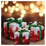 MorTime Set of 3 LED Boxes with Green Bows, Lighted Red Boxes with 60 LED Light String for Christmas Indoor Outdoor Home Yard Party Decoration - Retail: $18