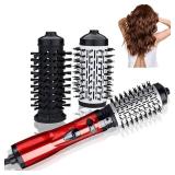 3-in-1 Hot Air Styler and Rotating Hair Dryer, Spin Hair Dryer Brush with 2 Interchangeable Brush, Anti-frizz Hot Air Spin Brush Set for Straightening, Drying, and Curling (Red)