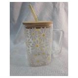 Daisy Pattern Glass Tumbler with Bamboo Lid and Straw