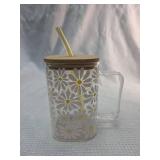 Daisy Pattern Glass Tumbler with Bamboo Lid and Straw