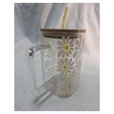Daisy Pattern Glass Tumbler with Bamboo Lid and Straw