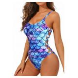 Tempt Me Women Blue Mermaid One Piece Bathing Suit Crisscross Lace Up Sexy Swimsuits L - Retail: $34