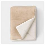 Solid Plush Throw Blanket with Faux Shearling Reverse Khaki - Threshold
