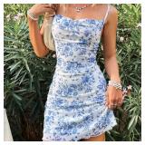 Women Floral Mini Dress Bohemian Spaghetti Strap Sleeveless Bodycon A-Line Dress Short Cami Swing Dress Clubwear Y2K (US, Alpha, Small, Regular, Regular, B Blue)