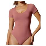 IUGA Bodysuits for Women Tummy Control Short Sleeve V Neck Body Suits for Womens Compression Slimming Thong Bodysuit