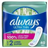 Always Ultra Thin Pads Size 2 Super Long Absorbency Unscented Without Wings - 40ct - Retail: $81