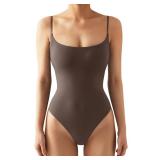 SUUKSESS Women Sexy Square Neck Thong Bodysuit Backless Sleeveless Cami Body Suit Top (Brown, XL)