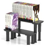 Manga Shelf Risers, 2 Pack Book Riser for Bookshelves, Black Wooden Height Adjustable Comic Books Shelves for Double Rows Display Stand for Books, Collectibles, Anime Figurines, Blind Boxes, CDs