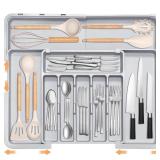 Silverware Organizer Expandable Kitchen Drawer Organizer Adjustable 22\"x 19\" Utensil Organizer with Rubber Feets Cutlery Drawer Organizer for Spoons Forks Knives Kitchen Organizers and Storage Grey