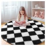 KICMOR Round Rug 4ft for Bedroom, Black and White Fluffy Soft Circle Area Rug Small Fuzzy Shag Shaggy Living Room Carpet, Indoor Checkered Circular Rug for Kids Room Home Decor Aesthetic, Nursery