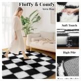 KICMOR Round Rug 4ft for Bedroom, Black and White Fluffy Soft Circle Area Rug Small Fuzzy Shag Shaggy Living Room Carpet, Indoor Checkered Circular Rug for Kids Room Home Decor Aesthetic, Nursery
