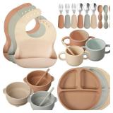 24 Pack Silicone Baby Feeding Set Baby LED Weaning Supplies Includes Suction Divided Plates Soft Bowl Spoons Forks Adjustable Bib Snack Cup and Straws(Walnut Color, Beige, Smoky Gray)