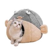 Cat Beds for Indoor Cats - Cat Bed Cave with Removable Washable Cushioned Pillow, Soft Plush Premium Cotton No Deformation Pet Bed, Lively Pufferfish cat House Design, Grey, Multiple Sizes