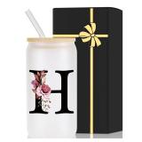 Monogrammed Glass Drinking Cup With Lid Straw Brides for Her Wedding Day Bridal Shower Bachelorette Party Engaged Engagement Cute Personalized Unique Cool Special Customized Best Present Gifts,H