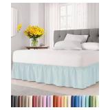 Wrap Around Dust Ruffle Bed Skirt - Ice Blue - for Queen Size Beds w/ 12 Inch Drop - Easy Fit Elastic Strap - Adjustable Pleated Bedskirt w/Brushed Fabric - Wrinkle Free - Women, Men, Kids & Teens