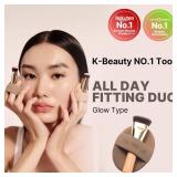 THE TOOL LAB All Day Fitting Duo (Glow type) - Premium Base Makeup Set for Liquid Cream Powder Foundation, Buffing Blending Face Brush, Sponge, Portable Case - 1.1\" Flat Top Brush