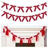 VitalCozy 10 ft Christmas Velvet Bow Garland Pre-Strung Bow Garland Banner with 13 Pcs 7 x 7 Inches Bows Reusable Vintage Velvet Bow Decoration for Xmas Tree Fireplace Staircase(Red)