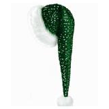 QLINLEAF Green Long Plush Santa Hat Sequin Christmas Hat for Adults Velvet Warm Winter Christmas Costume