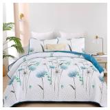 Dinjoy Floral Quilt Set Queen Size,Teal Bedspread Coverlet Botanical 3 Pieces Summer Quilts Microfiber Lightweight Blue Bedspreads White Soft Reversible Cute Bed Cover Sets for Fall Winter (96\"x90\")