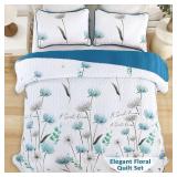 Dinjoy Floral Quilt Set Queen Size,Teal Bedspread Coverlet Botanical 3 Pieces Summer Quilts Microfiber Lightweight Blue Bedspreads White Soft Reversible Cute Bed Cover Sets for Fall Winter (96\"x90\")