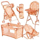 4-in-1 Baby Doll Stroller Set with Butterfly Design â Includes Toy Stroller, Crib, Bouncer & High Chair â Doll Accessories & Baby Doll Furniture Set for Toddlers 3-4 Years â Fits Dolls 