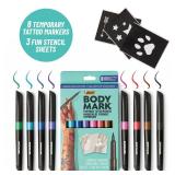 BodyMark Temporary Tattoo Markers, 8-Count Color Collection, Skin-Safe & Cosmetic Quality, Cruelty-Free, Long-Lasting, Flexible Brush Tip, Stencils Included