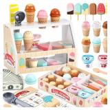 WHOHOLL Wooden Ice Cream Toys Kids Play Store Pretend Toy for Toddlers, Play Kitchen Accessories with Scoop, Menu, Ice Cream Play Set Birthday for 3 4 5 6 Year Old Girls Boys