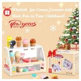 WHOHOLL Wooden Ice Cream Toys Kids Play Store Pretend Toy for Toddlers, Play Kitchen Accessories with Scoop, Menu, Ice Cream Play Set Birthday for 3 4 5 6 Year Old Girls Boys