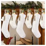 Celltestria 6pcs Knitted Christmas Hanging Stockings Decoration, 18Inches 15inch Cream White Ivory Large Cable Xmas Personalized Knit Stocking with Name Tags for Home Farmhouse Holiday Party Decor