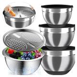 Nicdiet Mixing Bowls with Airtight Lids, Stainless Steel Mixing Bowl Set with 3 Metal Nesting Bowls, Colander & Grater, Non-Slip Bottoms, Size 1.5, 2.5, 5 QT, Great for Mixing & Serving, Black