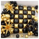 HKYOOD 36pcs Gold and Black Square Foil Balloons Wall Backdrop with 147pcs Balloon Garland Arch Kit, Double Sided Balloons for Birthday Bridal Shower Anniversary New Year Graduation Party Decorations