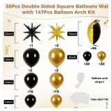 HKYOOD 36pcs Gold and Black Square Foil Balloons Wall Backdrop with 147pcs Balloon Garland Arch Kit, Double Sided Balloons for Birthday Bridal Shower Anniversary New Year Graduation Party Decorations