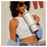 ENCOOL 40 oz Tumbler with Handle and Straw: Stainless Steel Insulated Tumbler Keeps Cold for 24 Hours, Leakproof Travel Cup Fits in Cup Holder and BPA-Free, Cream Moon