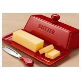 WERTIOO Butter Dish with Lid, Ceramic Butter Dish with Lid for Countertop for 1 Stick. Textured Tray for Non Slip Storage with Stainless Steel 3 in 1 Butter Spreader, Red